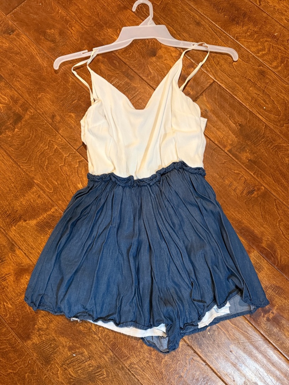 Two-Tone Spaghetti Strap Romper - Cream Top & Blue Skirt